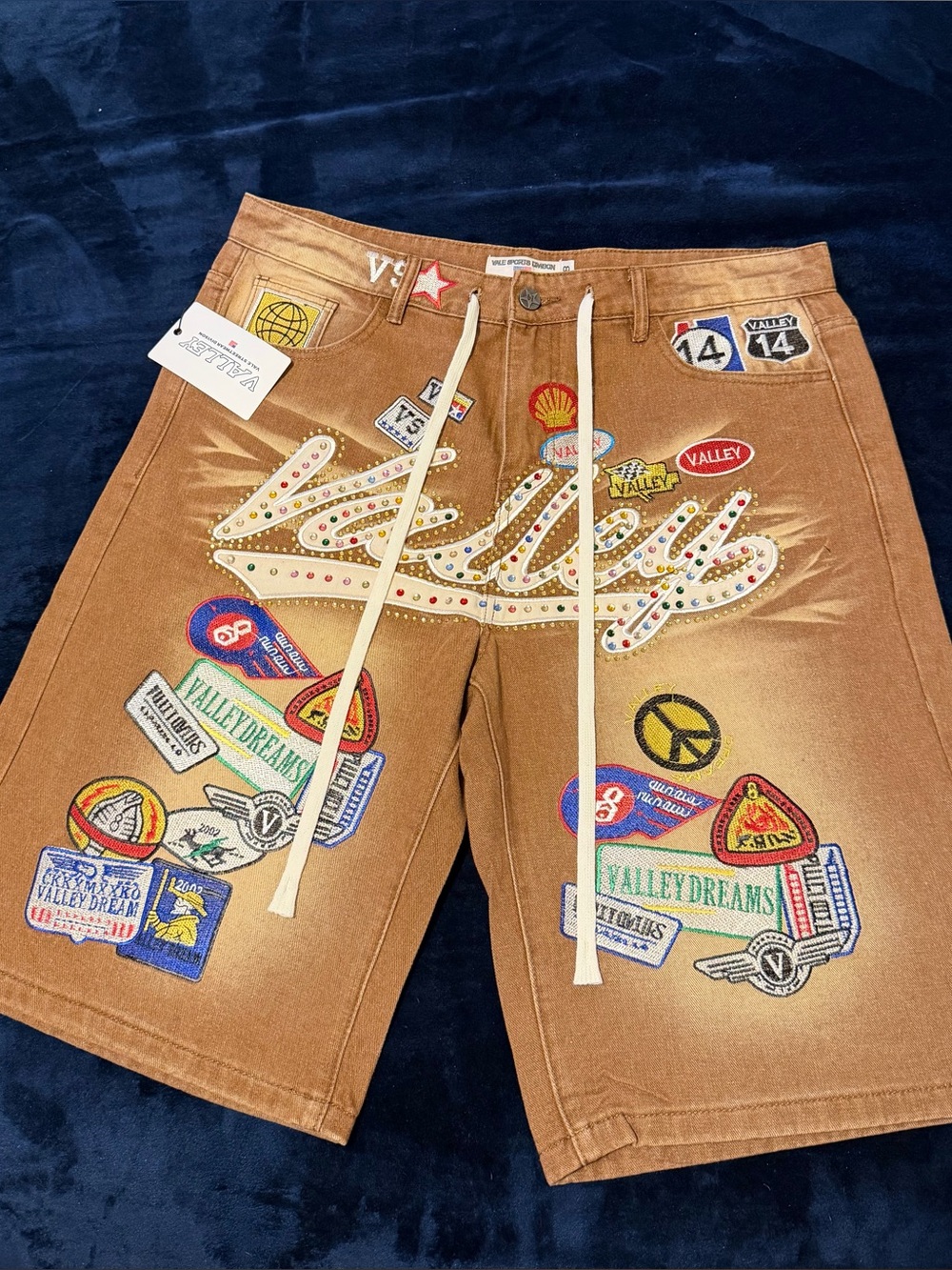 Brown Jean Shorts with Embroidered Patches